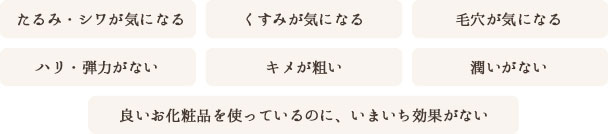 たるみ・シワが気になる　くすみが気になる　毛穴が気になる　ハリ・弾力がない　キメが荒い　潤いがない　良いお化粧品を使っているのに、いまいち効果がない